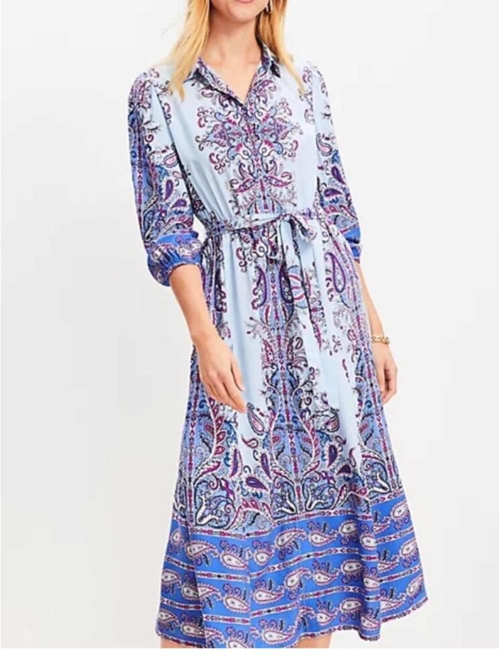 LOFT Light Blue Paisley Midi Shirt Dress
